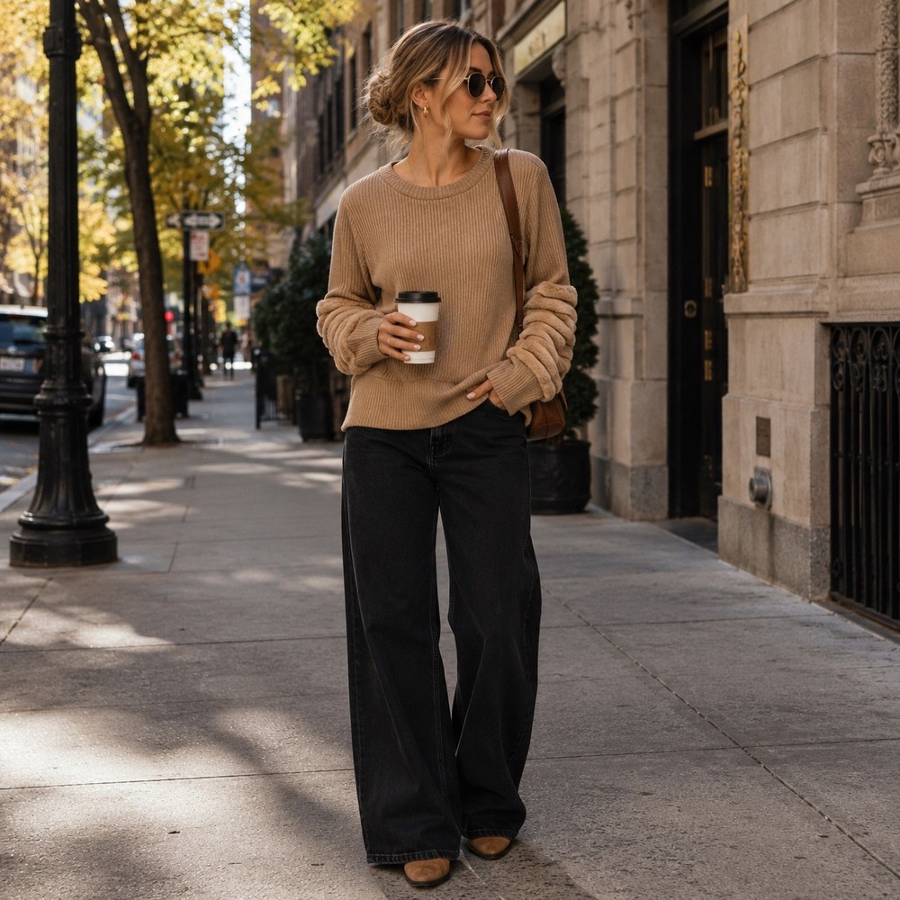 Doe & Rae Tan Ribbed Crewneck Sweatshirt Faux‎ Fur Trimmed Sleeves Size S
